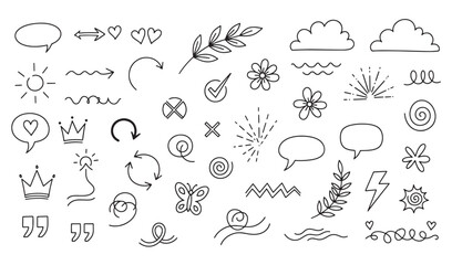 Hand-drawn doodle elements collection featuring arrows flowers hearts and other symbols