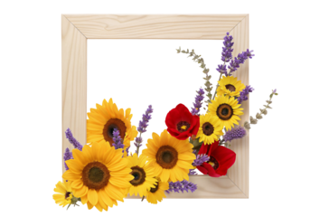 Wooden frame with sunflowers and lavender adorning in vibrant floral arrangement design