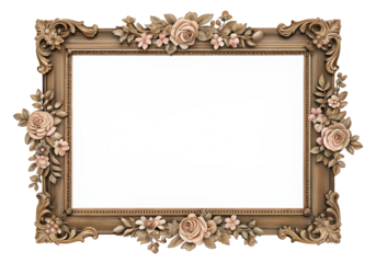 Elegant floral wooden frame with intricate rose and leaf embellishments on all sides displayed