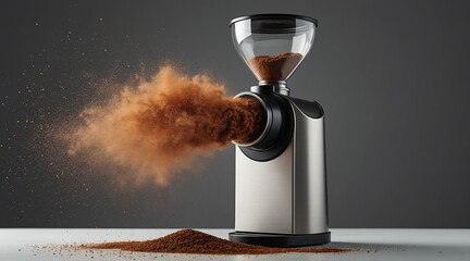 Modern Coffee Grinder with Freshly Ground Coffee Coarse Texture and Dynamic Motion
