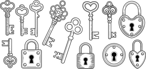 Vintage keys and padlocks illustration, hand drawn antique key collection, classic lock design, security element, flat vector illustration © Khadija Creatives