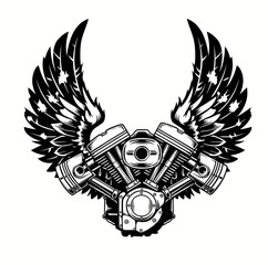 a black and white vector style drawing of a motorcycle engine with wings, motorbike, logo, mechanic, biker, bike, winged engine, chopper, cruiser, custom bike, motorcycle logo, motorbike engine