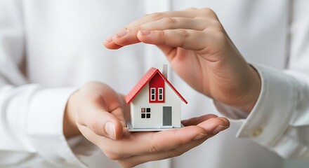 Hands protecting miniature house silhouette