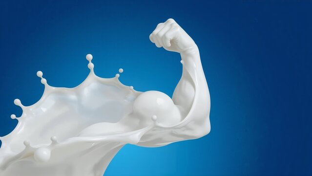 White milk bicep flexing with liquid splashes against a blue background