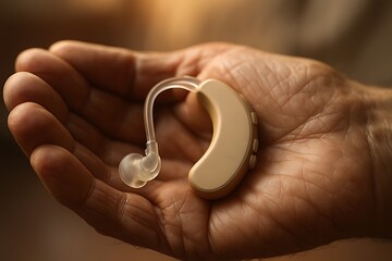 Close up of a weathered hand gently holding a beige hearing aid, symbolizing the connection between aging and the gift of improved hearing through technology