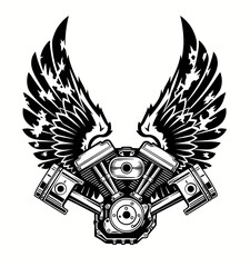 a black and white vector style drawing of a motorcycle engine with wings, motorbike, logo, mechanic, biker, bike, winged engine, chopper, cruiser, custom bike, motorcycle logo, motorbike engine