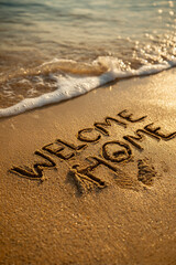 Fototapeta premium Welcome Home in Wet Golden Sand Beside Minimalist One-Line Family Hug Drawing Near Gentle Ocean Wave Foam, Vertical with Copy Space