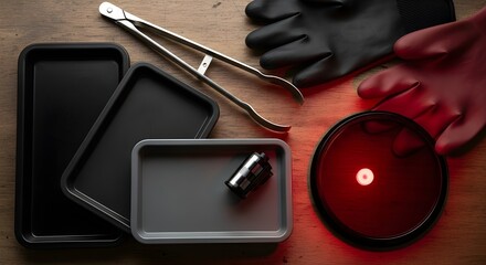 Essential darkroom equipment for the traditional process of analog film development. A flat lay of trays, tongs, and a safelight.