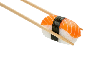 Fresh sushi with salmon and rice held by chopsticks against a clean background