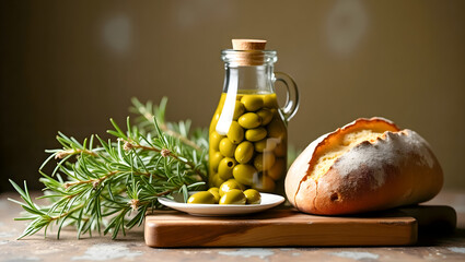 Still-Life of Olive Jar, Bread, and Herbs on Wooden Board &ndash; Food Photography
