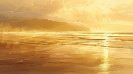 Golden hour at the beach with the sun reflecting on the water and distant cliffs in the background
