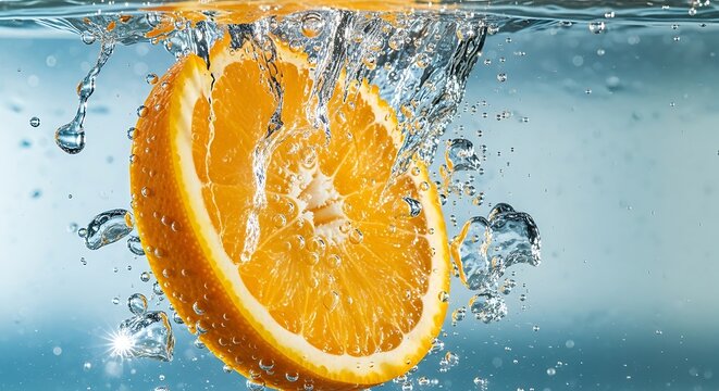 Orange slice dropping into water splash silhouette