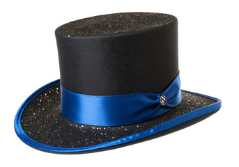 Elegant black top hat adorned with sparkling glitters and a blue ribbon for classy fashion statement
