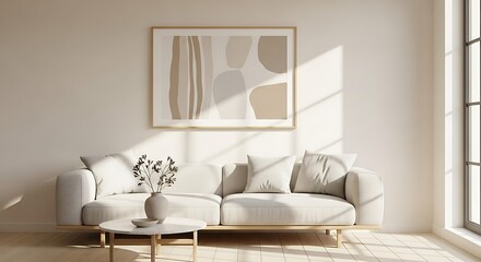 Sunlit minimalist living room with beige sofa, abstract art, and natural elements.
