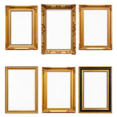 Six ornate golden picture frames with intricate details arranged in two rows on a black backdrop