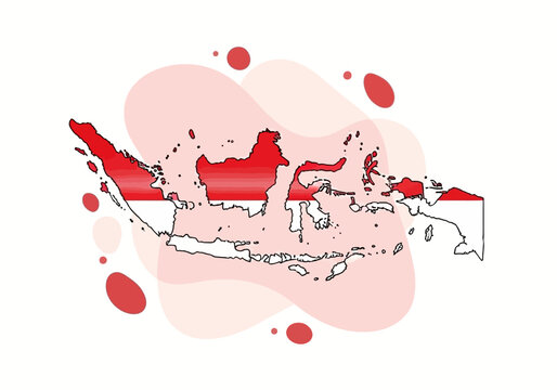 Vector illustration of the map of Indonesia colored with the national flag on a modern abstract background with red shapes.
