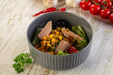 Dietary salad with canned tuna and corn