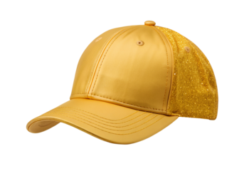 Bright yellow baseball cap with shiny fabric side panels for stylish casual sportswear fashion