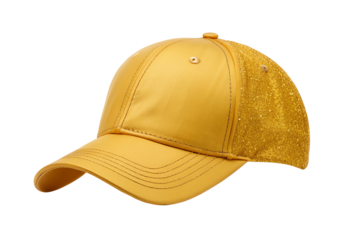 Yellow baseball cap with glitter detail on black background isolated product photography