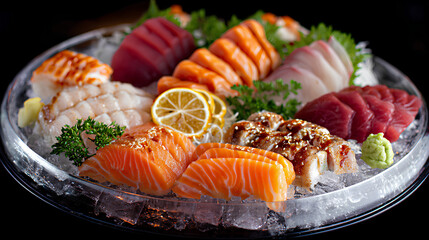 Assorted Sushi and Sashimi Platter on Ice