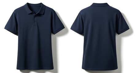 Navy blue polo shirt mockup with front and back views for apparel design.