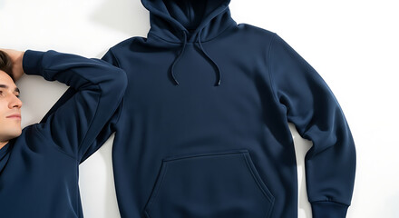 Man next to a blank navy blue hoodie sweatshirt mockup for apparel design.