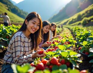 Fototapeta premium Amidst verdant mountain slopes bathed in clear holiday daylight, several Asian women, radiant with buoyant cheer, harvest ripe, crimson strawberries in an overflowing garden