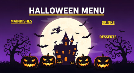 Spooky Halloween Menu with Haunted House and Pumpkins