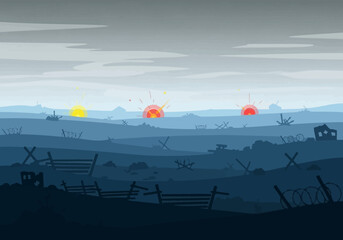 Vector illustration of a desolate battlefield landscape with distant explosions, trenches, and barbed wire
