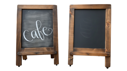 Rustic wooden cafe signs with blank chalkboard ready for creative menu or message display