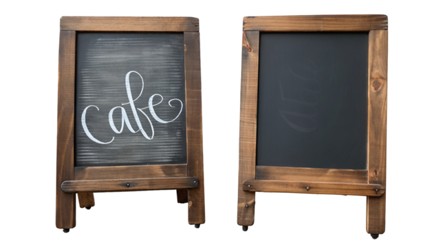 Rustic wooden cafe signs with blank chalkboard ready for creative menu or message display
