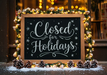 Festive holiday sign decorates storefront indicating temporary closure for the holiday season