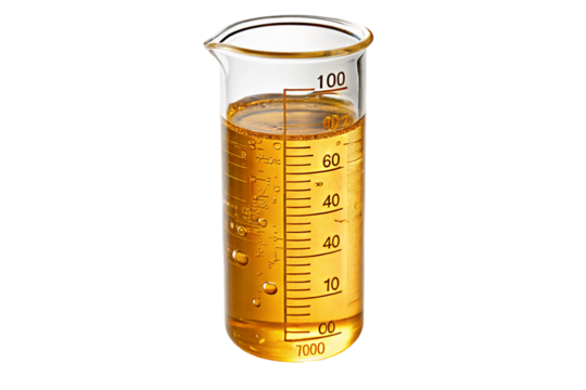 Transparent glass beaker filled with amber liquid on plain black background with measurement mark