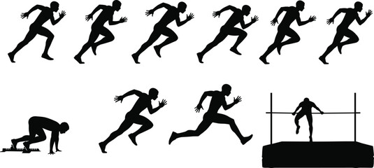 Silhouette, Athlete, Jumping, Running, Vector, Action, High Jump, Sports, Track, Field, Motion, Training, Fitness, Exercise, Competition, Sprint, Performance, Graphic, Dynamic, Movement