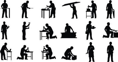 Silhouetted workers showcasing construction tools, carpentry action, manual labor poses, industrial roles, tradesman craftsmanship, ideal for employment, workshop, graphics use