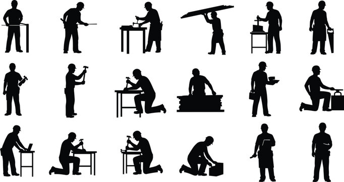 Silhouetted workers showcasing construction tools, carpentry action, manual labor poses, industrial roles, tradesman craftsmanship, ideal for employment, workshop, graphics use