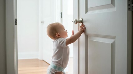 Baby reaching for a door handle, exploring the world with curiosity and a desire to discover