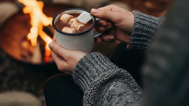Woman holding a mug of delicious hot chocolate with marshmallow over a fire pit. Outdoor winter beverage footage.
