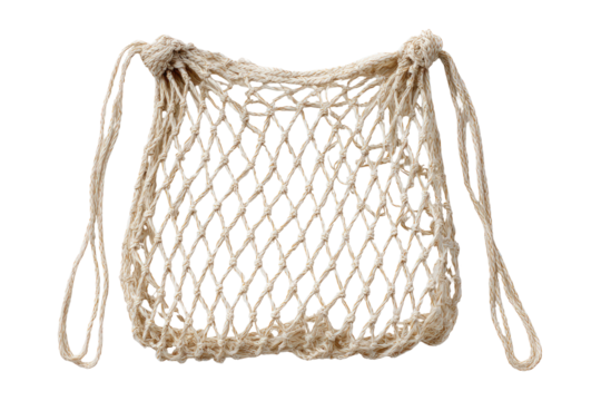 Cream-colored knitted mesh bag with handles