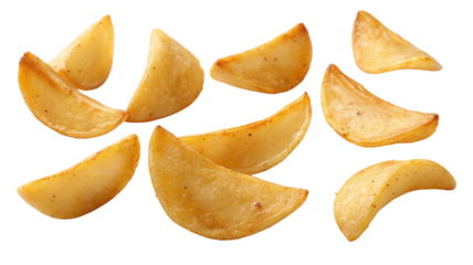 Golden potato wedges isolated on black background in random arrangement crisped to perfection