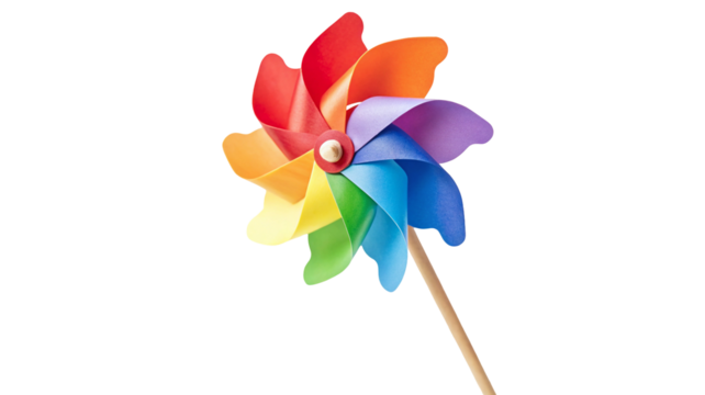 Colorful rainbow pinwheel with wooden stick on a solid black background vibrant playful design