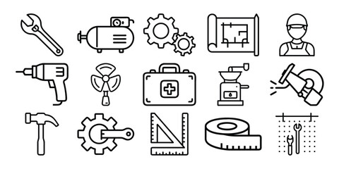 Collection of industrial and mechanical tools and equipment icons isolated on white background