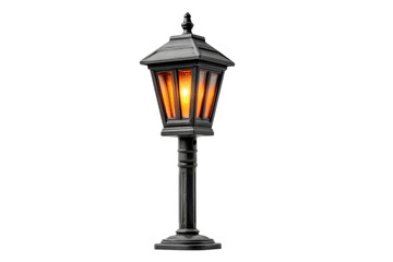 Fototapeta premium Vintage outdoor lantern post, black metal street lamp with warm orange glow, classic garden lighting icon for UI signage isolated on Transparent Background