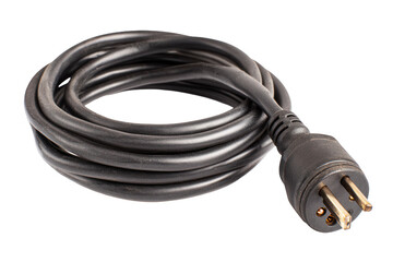 Coiled black electrical cord with plug