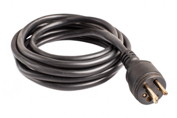 Coiled black electrical cord with plug
