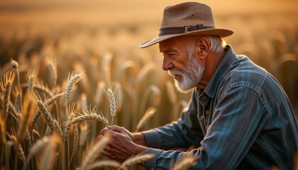 An ageless agrarian, deeply etched with sun and toil, kneels amidst rippling amber wheat, a loving hand caressing a stalk heavy with grain; visualize a profound, almost spiritual