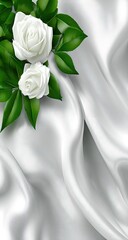 Fototapeta premium Two white roses on a draped silk fabric.