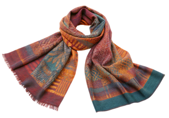 Elegant multicolor wool scarf with abstract patterns and frayed edges beautifully draped over itself