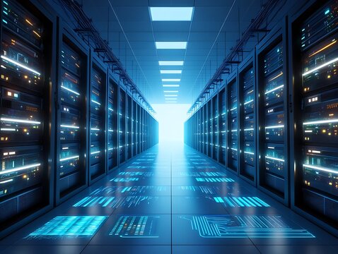 Futuristic glowing server room hallway with illuminated data streams and bright light at the end