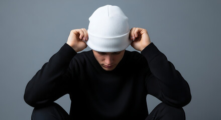 Man adjusting a white winter beanie hat, isolated headwear apparel mockup.